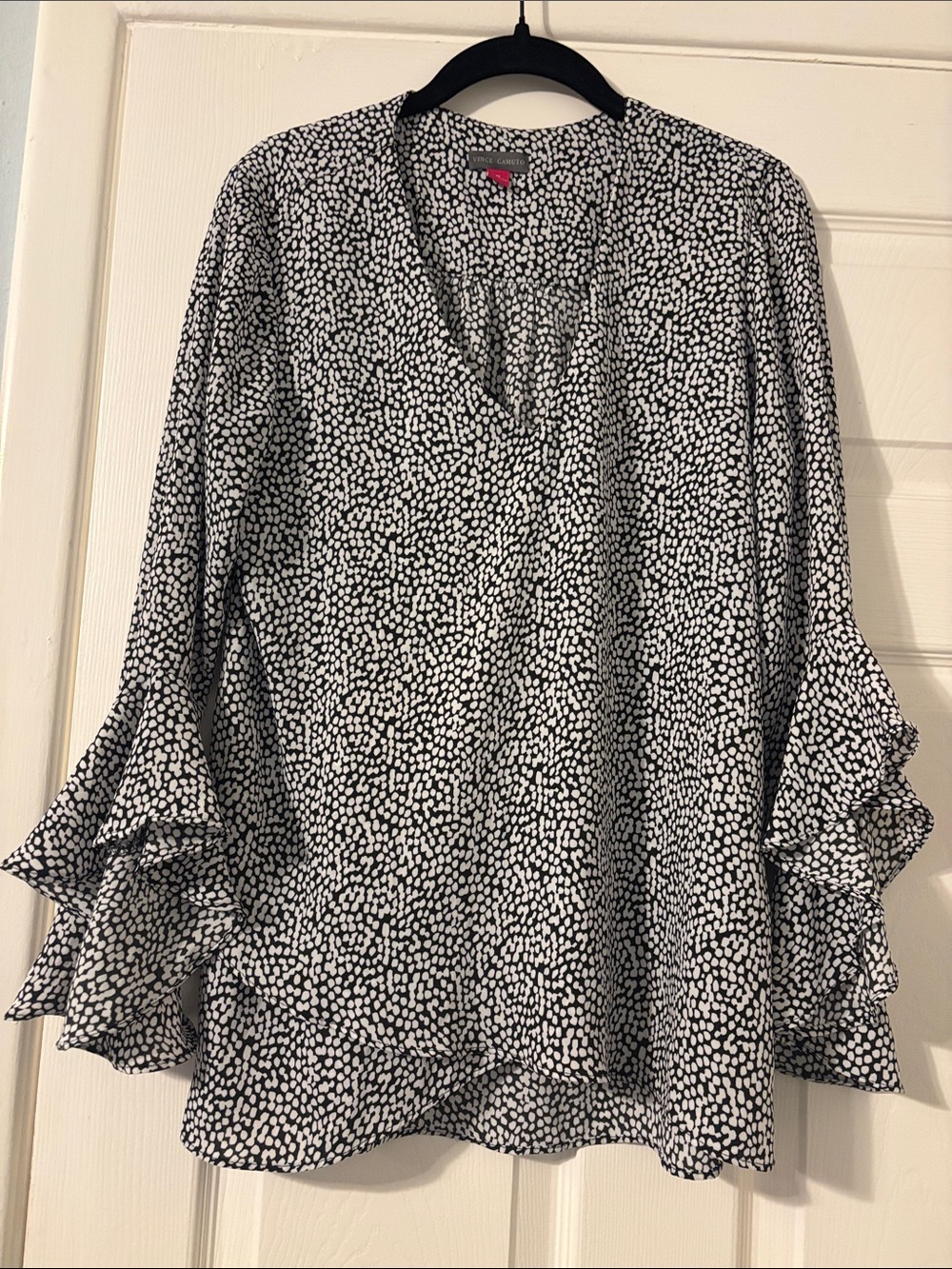 Vince Camuto Black and White Dot Ruffle-Sleeve V-Neck Blouse